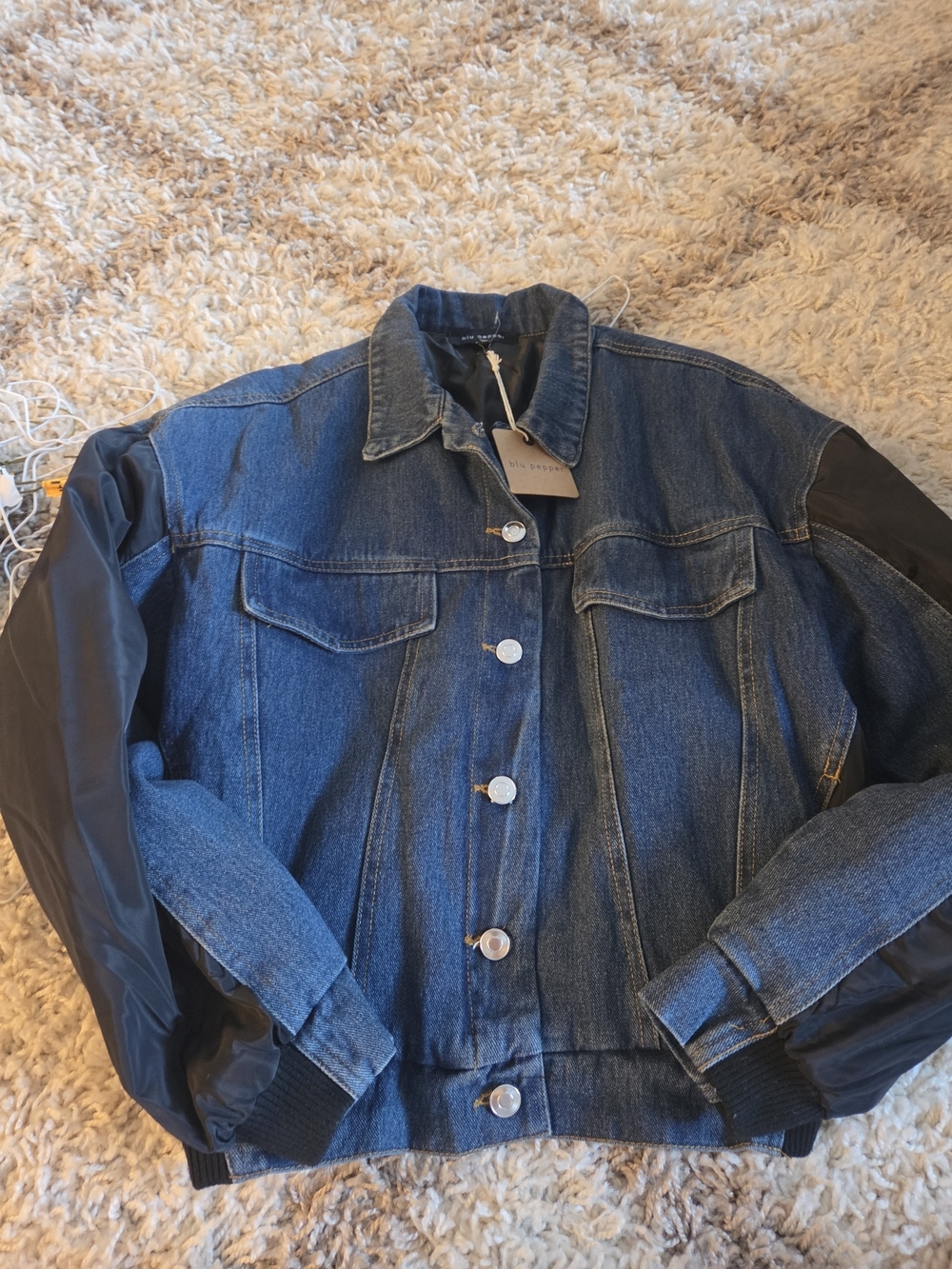 Blu Pepper Blue Denim Jacket with Black Sleeves